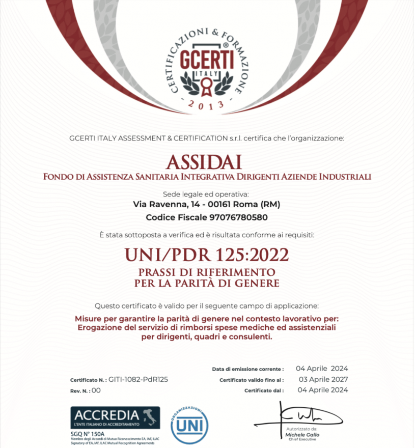 Assidai vede rinnovata anche per l'anno 2025 la certificazione relativa alla parità di genere UNI PdR 125:2022