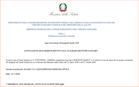 attestazione iscrizione rinnovo anagrafe fondi sanitari Fondo Assidai