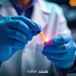 Mani con guanti blu di un ricercatore che tiene una provetta di liquido incandescente in un ambiente di laboratorio, simboleggiando le sperimentazioni cliniche.