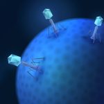 Illustrazione 3D di tre batteriofagi (virus) artificiali a basso numero di poligoni che atterrano su una grande superficie batterica blu, simboleggiando il virus creato con l'AI che attacca i batteri killer.