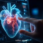 Una mano che tocca la proiezione olografica di un cuore umano in wireframe, che simboleggia la cura del cuore attraverso la perdita di peso