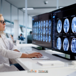 Medico oncologo in camice bianco che esamina scansioni e radiografie cerebrali su grandi monitor digitali in laboratorio.