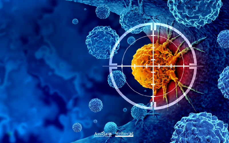 Illustrazione medica 3D di cellule tumorali al microscopio con un mirino grafico incentrato sulla cellula principale.